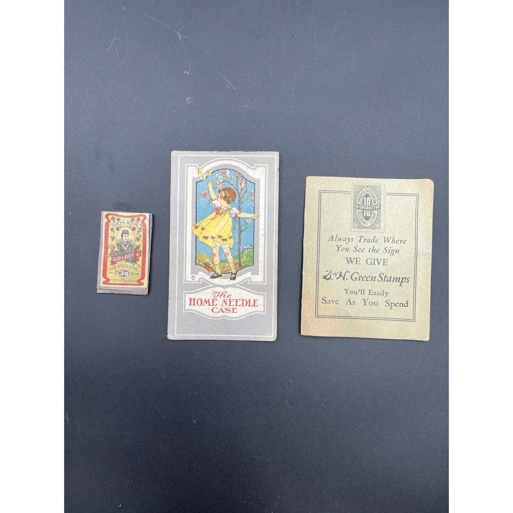 Antique Needle Book Lot Home Needle Case Gold Eye Sharps Green Stamps